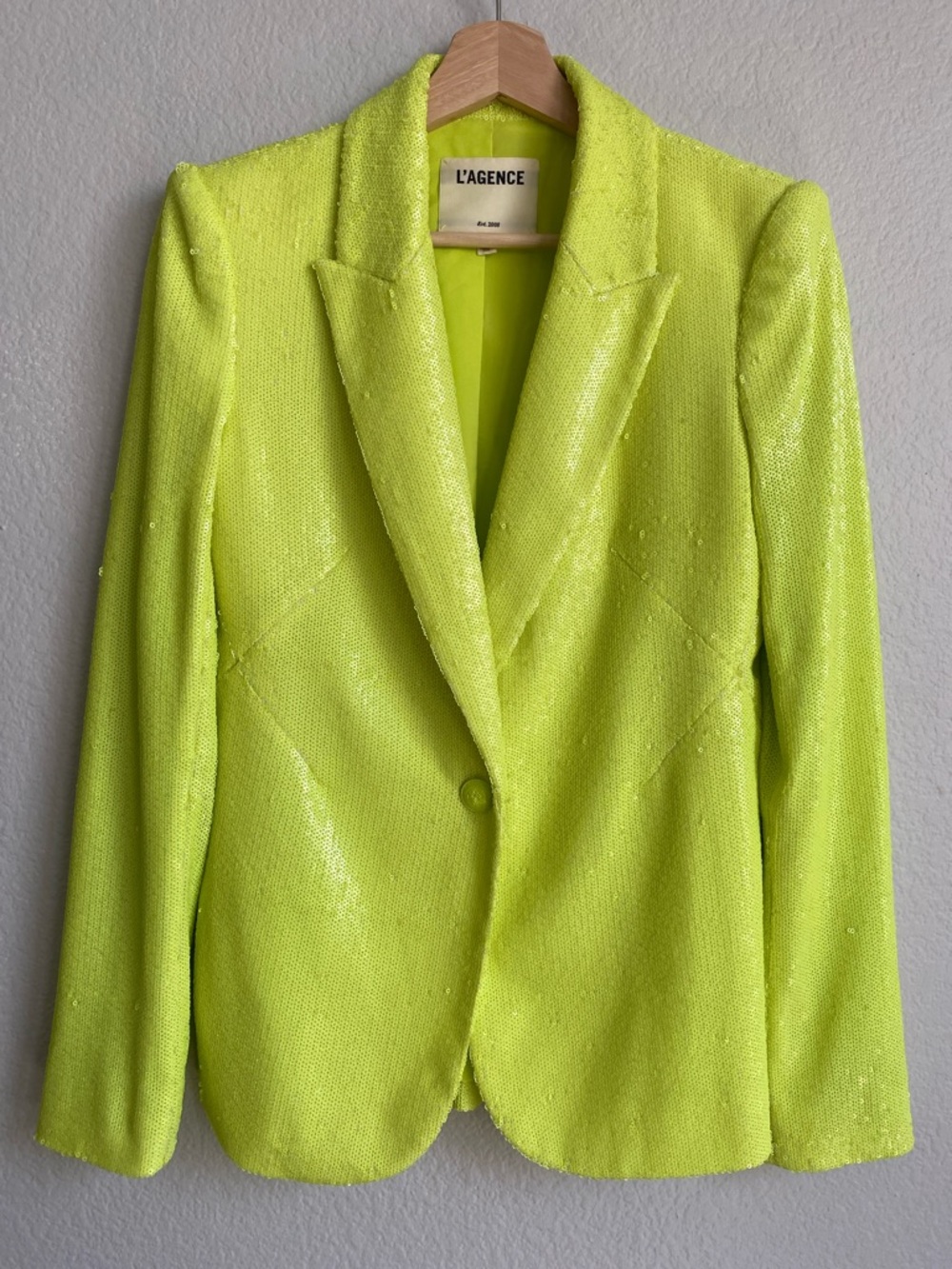 L’AGENCE Sequin Neon Chartreuse Embellished Statement Blazer Size 4
